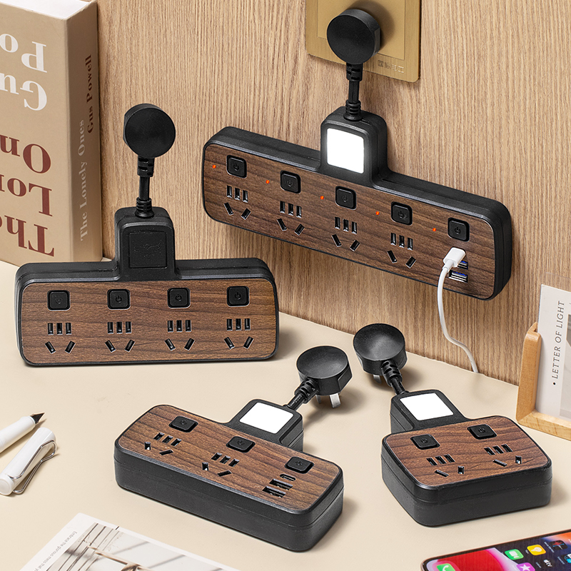 Wood decoration socket with small night light multi - functional converter plug panel porous bedside multi - purpose print 1766