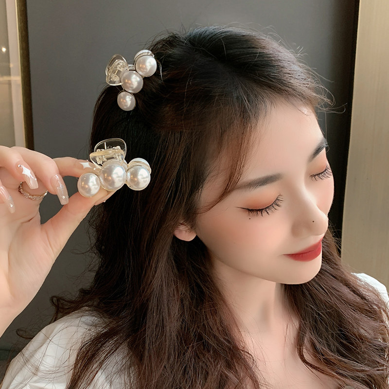 2021 new pearl hairpin back head grab clip female summer small bangs shark hairpin net red hair accessories