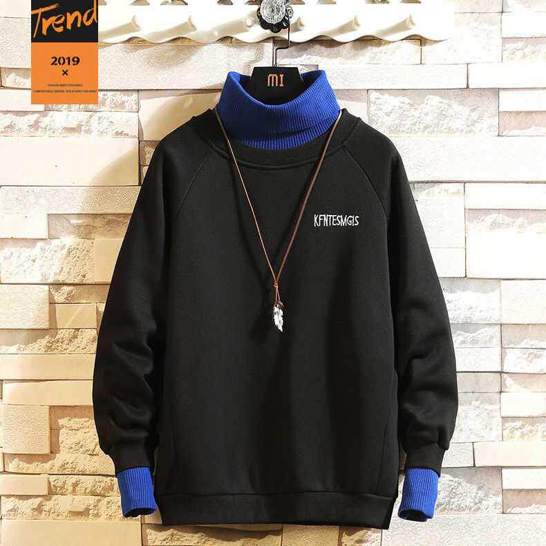 Spring and autumn high-neck thick cotton T men's trend ins autumn fake two-piece top teen Korean trend bottoming shirt