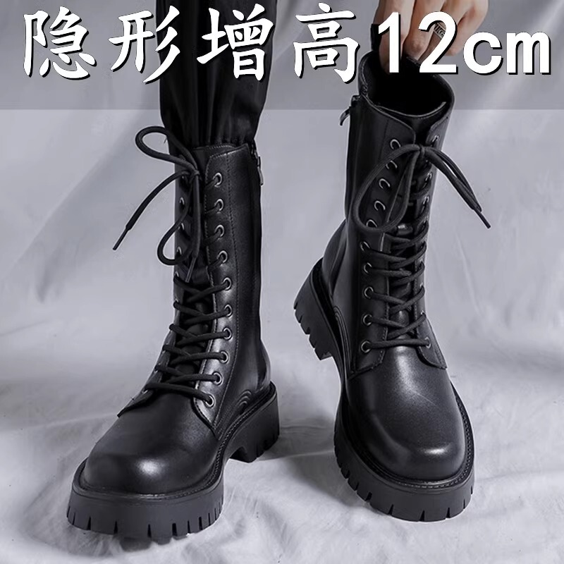 European and American Style High-Top Martin Boots for Men, British Style High-Top Motorcycle Work Boots for Men, Fleece-Lined Genuine Leather Height-Increasing Shoes for Men, 12cm