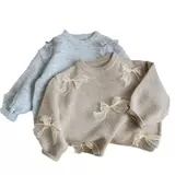 Зимний трикотажный детский свитер с бантиком для девочек, увеличенная толщина, детская одежда