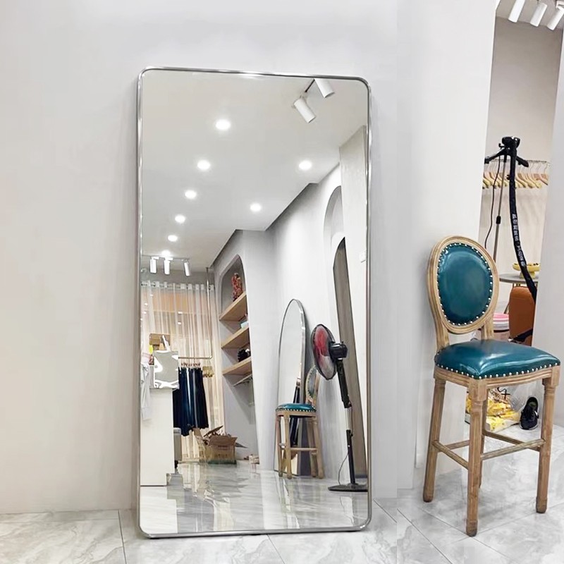 Rounded corner clothing store fitting mirrors slim beauty floor-to-ceiling mirrors ins full body dressing mirrors with wheels to move the dance mirrors