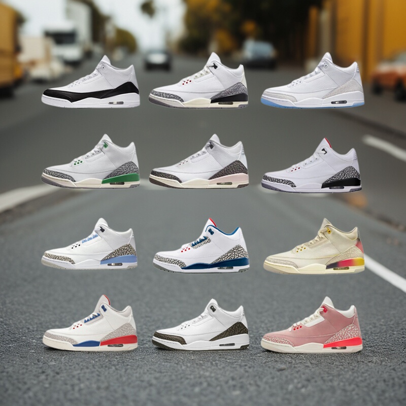Aj3 Men's Shoes in Colors Sakura Pink, North Carolina Blue, Black and White Cement, Hiroshi Original, Women's Shoes in Midnight Blue, Ivory White, Brown, Pink, White Cat