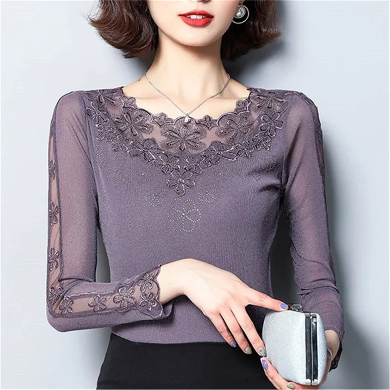 Round Neck Fleece-Lined Lace Pullover Base Shirt for Women, Shiny Long-Sleeve Spring 2026 New Solid Color Hollow Mesh Top