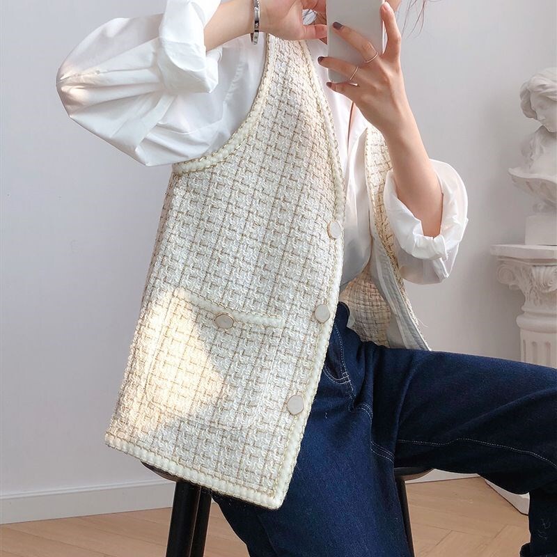 Socialite-Style Tweed Vest Jacket for Women, Autumn 2026 New Korean Version, Color-Blocked Sleeveless Vest Top