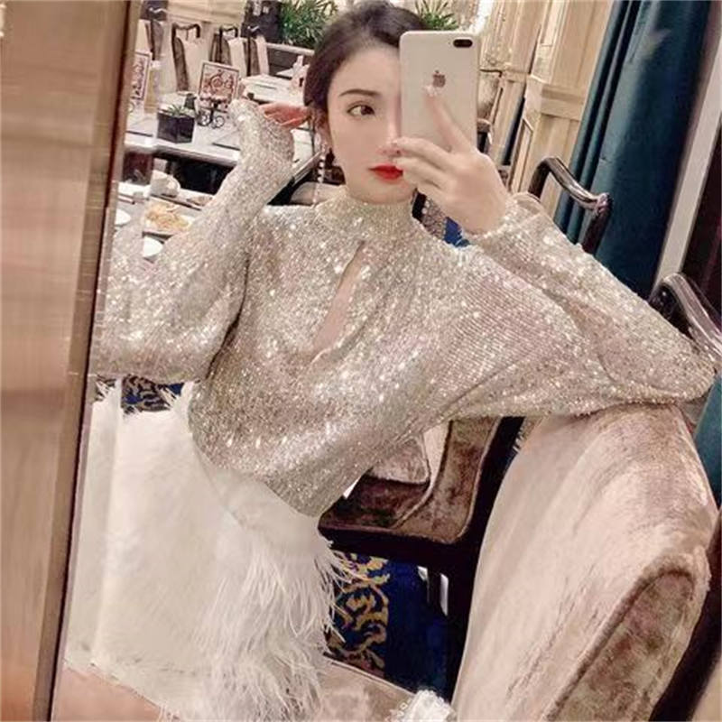 European-Style Heavy Sequin Sparkling Top, Base Shirt for Women, Autumn 2026 New Model, Socialite Style, Sexy Thickened Shirt