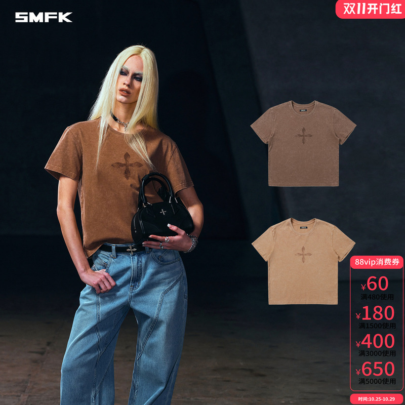 [Same Style as Nazha] Smfk Retro Wild Tee Ctv02S/K/B/W Cross Pattern Distressed T-Shirt Short Sleeve Summer