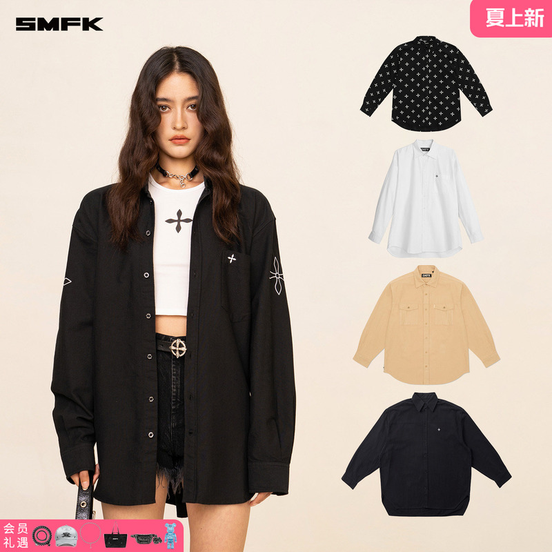 Smfk Cross-Stitch Classic Shirt Cp003B/W Celebrity Style Embroidered Solid Color Loose Top [Shirt Collection]