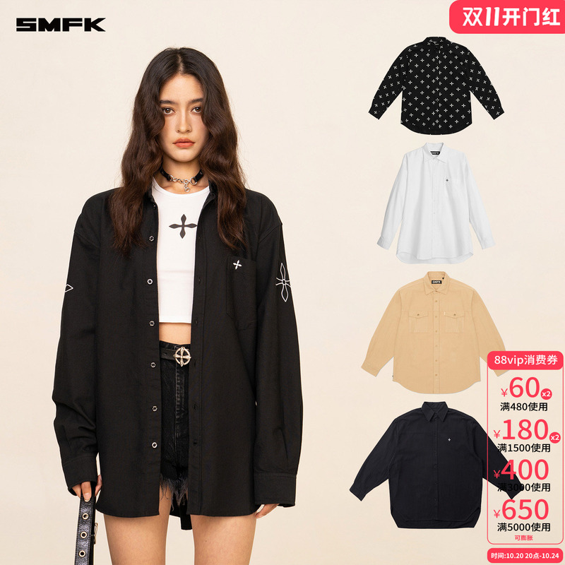 Smfk Cross-Stitch Classic Shirt Cp003B/W Celebrity Style Embroidered Solid Color Loose Top [Shirt Collection]