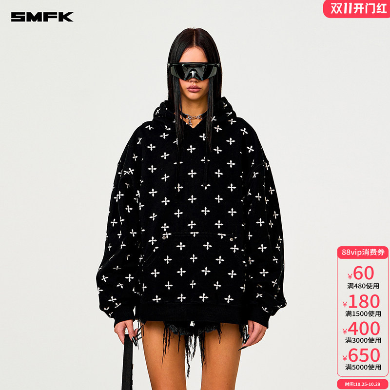 Smfk Black Garden Wide Hoodie Ch006Bg Celebrity Style All-Over Cross Pattern Full Cotton Pullover Hooded Sweatshirt Smfk Black Garden Wide Hoodie Ch006Bg Celebrity Style All-Over Cross Pattern Full Cotton Pullover Hooded Sweatshirt
