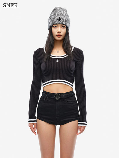 SMFK十字古典短毛衣 ULS07B/W 修身刺绣打底针织衫薄款