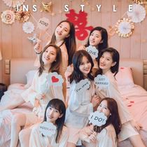 Bridesmaids group sisters photo props for blocking doors and creative games to blame for the internet red party ins and wind girlfriends holding a dress