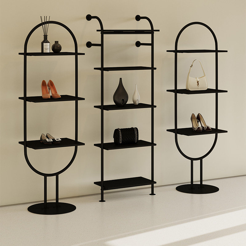 Clothing Store Shoe Rack Display Rack Black Minimalist Bag for display Shelf Shoe Store Multilayer Ground Leaning Wall Shelving-Taobao