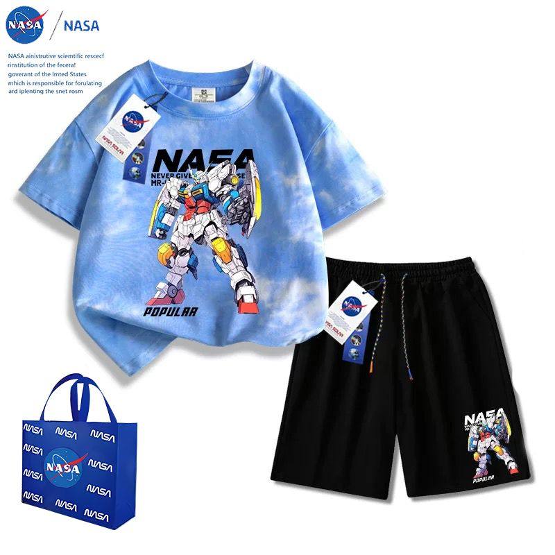 Детская футболка с короткими рукавами Gundam mecha от совместного бренда NASA, летняя универсальная модная футболка с короткими рукавами для красивого мальчика, костюм с шортами