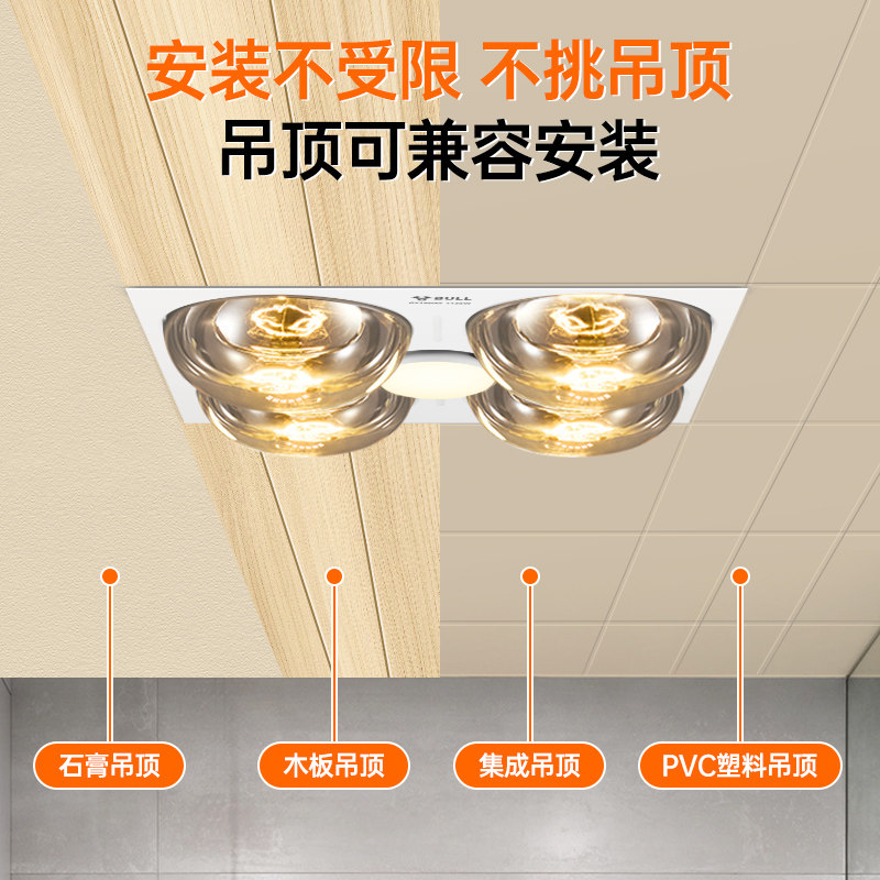 Bull Pvc Gypsum Board Plastic Honeycomb Panel Light Bulb Heating Bathroom Heater 30X30 Bathroom Exhaust Fan Lighting Integrated