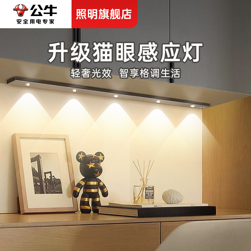 公牛人体感应灯长条灯带充电酒柜led无线鞋柜衣柜灯条自粘橱柜灯