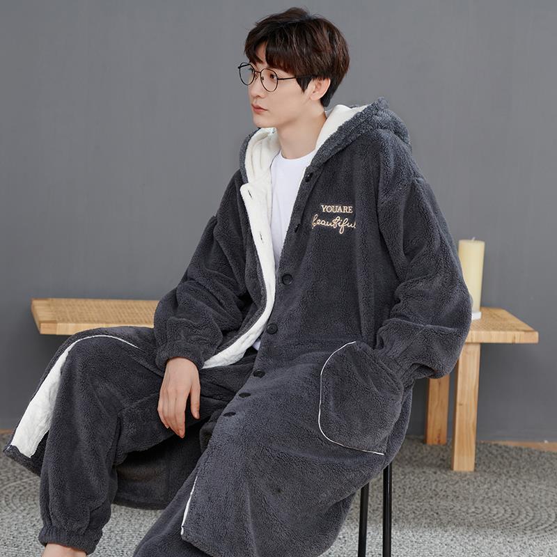 Men's Pajamas for Autumn and Winter, Coral Fleece, Thickened Flannel, Long Plush One-Piece Robe with Buttons Set