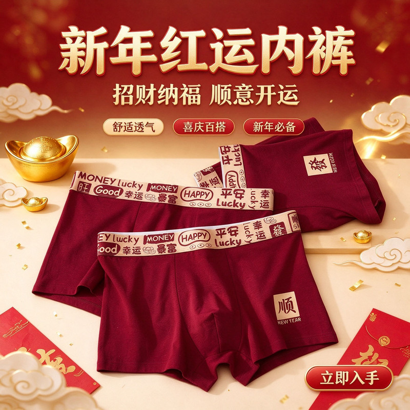 Men's Red Cotton Breathable Boxer Briefs for the Year of the Goat, Suitable for Weddings and Celebrations