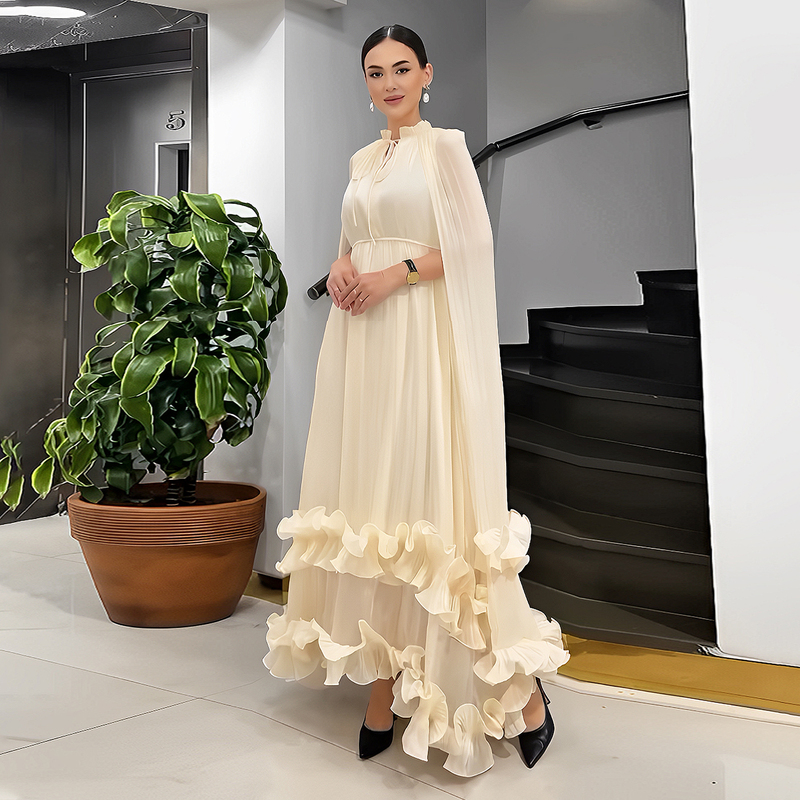 Twotwinstyle Light Luxury Cape-Style Solid Color Shawl Dress High-End Ruffled Long Dress Gown for Women Trendy Twotwinstyle Light Luxury Cape-Style Solid Color Shawl Dress High-End Ruffled Long Dress Gown for Women Trendy