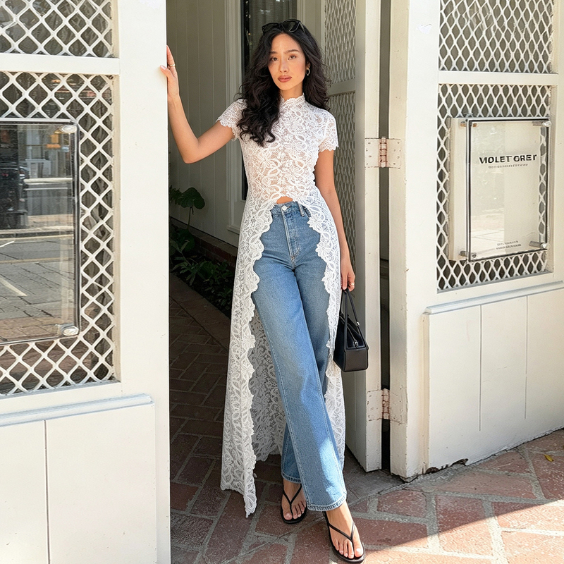 Twotwinstyle Retro Exquisite Floral Lace Long Slit Top Slim-Fitting Short-Sleeved See-Through Slimming Blouse Twotwinstyle Retro Exquisite Floral Lace Long Slit Top Slim-Fitting Short-Sleeved See-Through Slimming Blouse