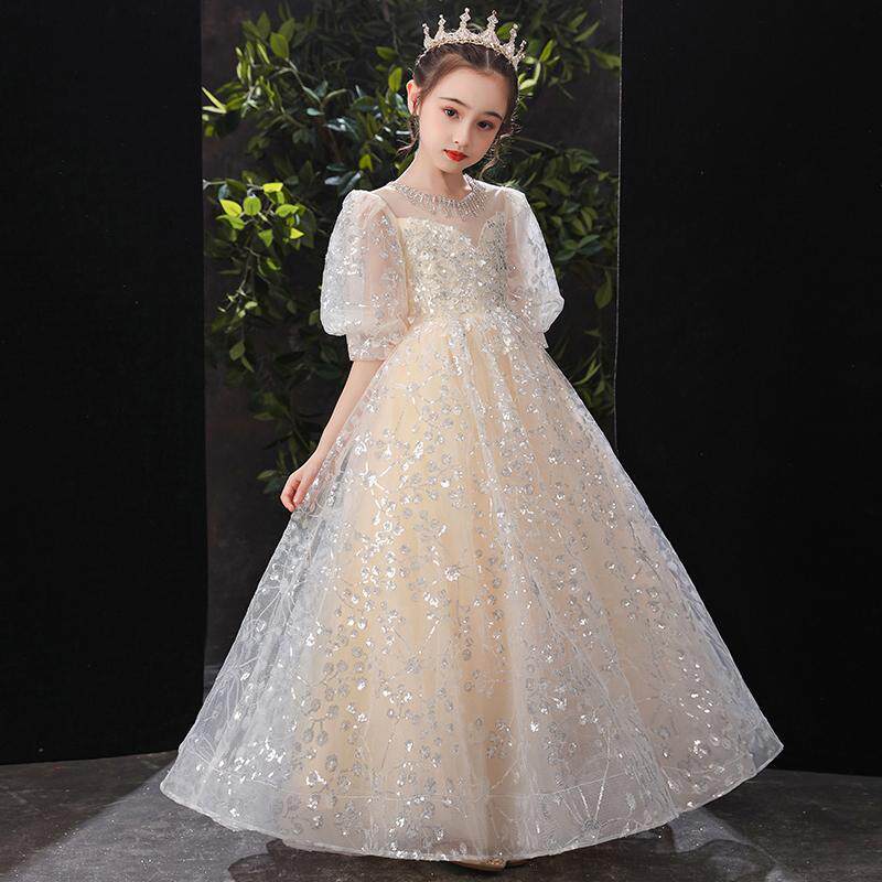 Children's wedding dress piano performance dress female high-end girls 2021 new model catwalk children's chair dress