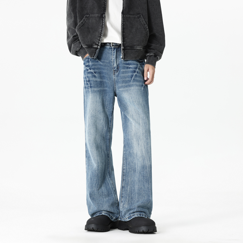 Awrb American-Style Lightning Crack Pattern Flared Retro Jeans for Men and Women, Spring and Summer Wide-Leg Straight Loose Long Pants