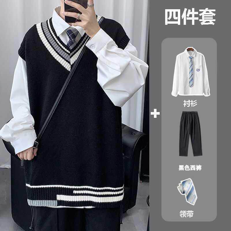 Four-piece suit-dk uniform jk sweater suit male college style V-neck vest vest knitted shirt large size class uniform