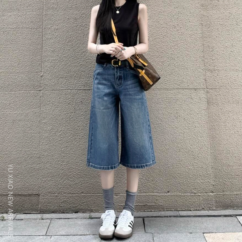 Vintage Wide-Leg Cropped Jeans for Women, Summer Slimming Pear-Shaped Body, High-Waisted, Plus-Size, Loose Fit, Straight-Leg Breeches for Chubby Women