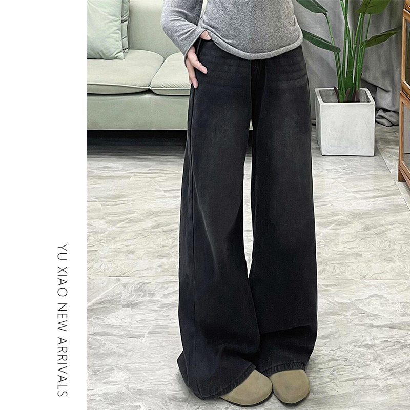 Black and Gray Wide-Leg Jeans for Women, New Summer Style, High-Waisted, Loose, Plus Size, Slimming, Pear-Shaped Body, Straight-Leg Pants