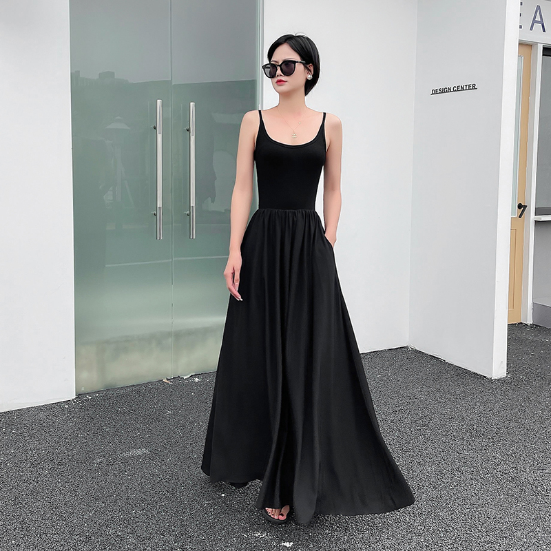 Dress 2025 New Style, Feminine, Long, for Tall People, Floor-Length, Extended Version, Large Hem, Tummy-Covering, Floor-Length Spaghetti Strap Dress