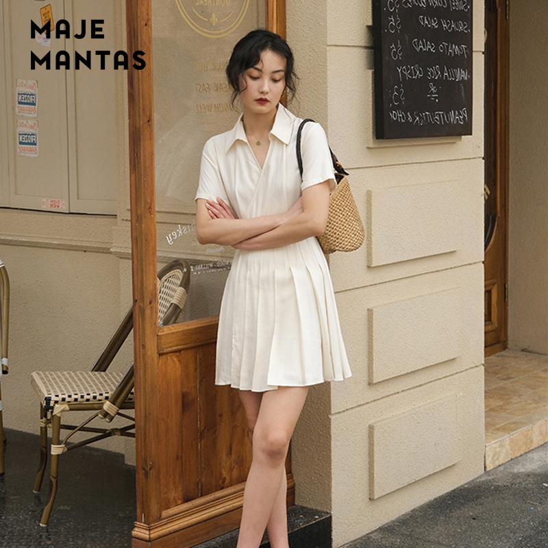 MAJE MANTAS French retro lapel pleated short-sleeved dress women's summer style gentle wind high waist