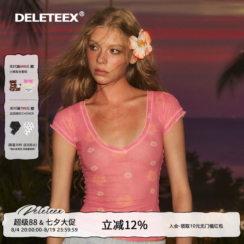 Deleteex Original Sunburn Series Floral Print Snowflake Knit Stretch Short Sleeve Deep V-Neck Slim Fit Basic T-Shirt Deleteex Original Sunburn Series Floral Print Snowflake Knit Stretch Short Sleeve Deep V-Neck Slim Fit Basic T-Shirt