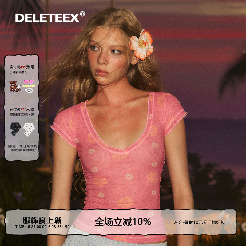 Deleteex Original Sunburn Series Floral Print Snowflake Knit Stretch Short Sleeve Deep V-Neck Slim Fit Basic T-Shirt