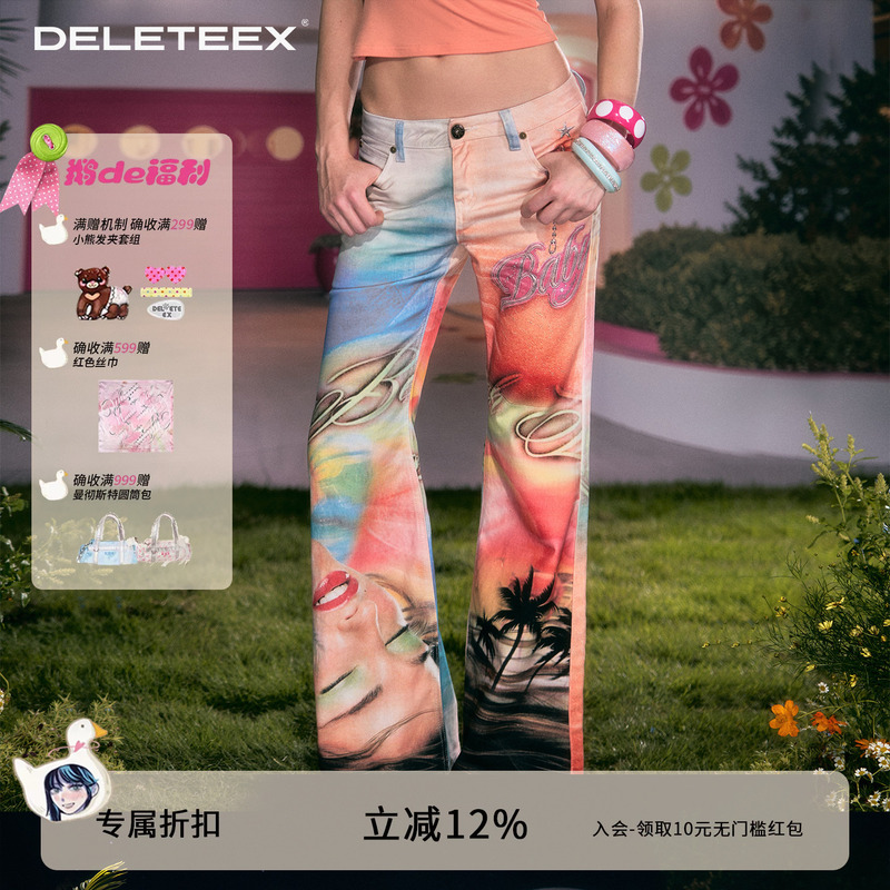 Deleteex & Klee Goose Fantasy Summer Collection Retro Color-Blocking Printed Gradient Island Flared Low-Rise Jeans Deleteex & Klee Goose Fantasy Summer Collection Retro Color-Blocking Printed Gradient Island Flared Low-Rise Jeans