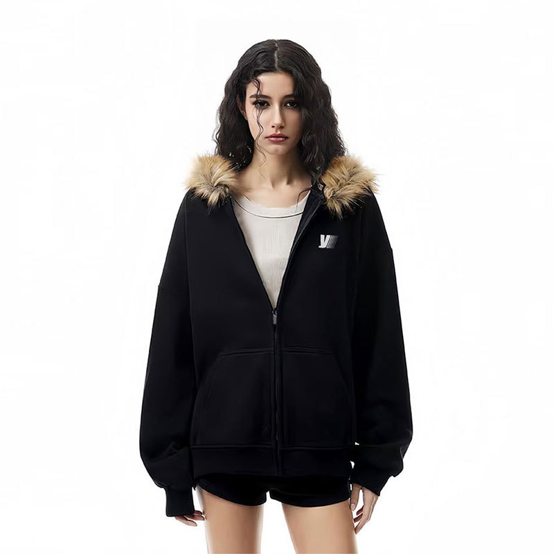 Yojayigo American Retro Fur Collar Cardigan Hooded Sweatshirt Jacket for Women 2025 Autumn and Winter Fleece-Lined Thickened Hoodie