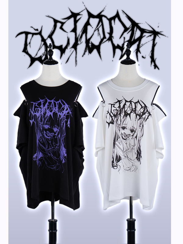 【Silent Butterfly Girl】Zipper Off-Shoulder Printed Subculture Lyocell Tencel White Ink Direct Print Short Sleeve 【Silent Butterfly Girl】Zipper Off-Shoulder Printed Subculture Lyocell Tencel White Ink Direct Print Short Sleeve