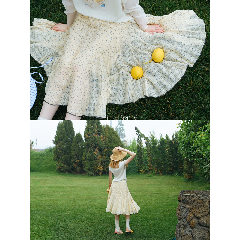 Rina Berry Cream Floral Textured Skirt, Summer Loose High-Waisted Drapey Versatile Mid-Length Skirt
