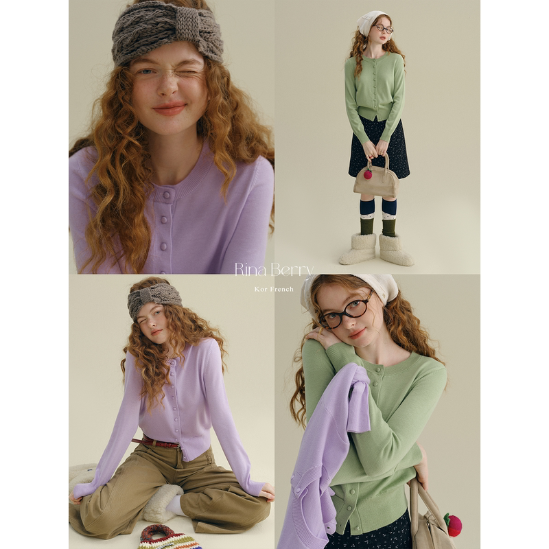 Rina Berry Wool Crew Neck Autumn Soft and Cozy Basic Wear Low Saturation Design Gentle Knit Cardigan