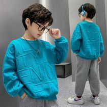 Childrens clothing boys and girls sweater spring and autumn middle and big children 2022 new twill jacquard letters foreign style boy fried street shirt