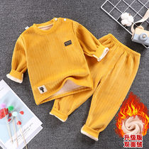 New childrens double-sided fleece warm clothing suit plus velvet thickening baby baby boys and girls autumn and winter 0-7 years old