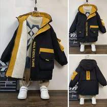 Childrens clothing boys autumn and winter fleece jacket 2022 new winter clothing medium and large childrens cotton jacket medium and long childrens thick windbreaker