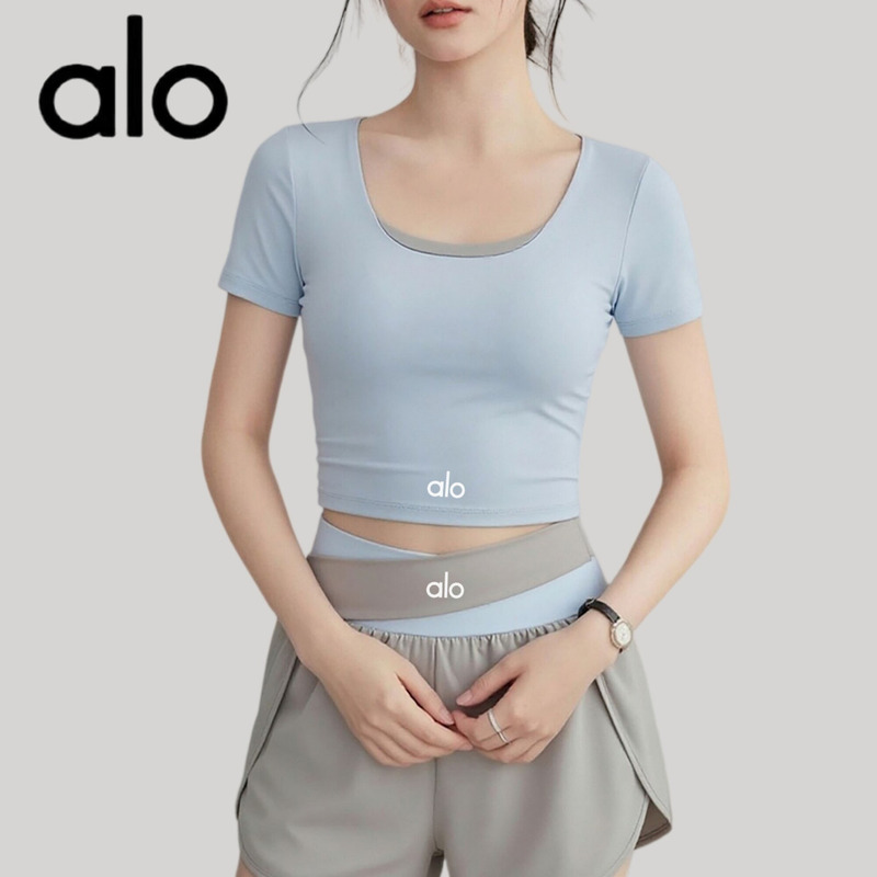 Aio Summer Yoga Wear Short-Sleeved Shorts Fitness Pilates Set Contrasting Color Quick-Drying Elastic Back-Friendly Short-Sleeved Top