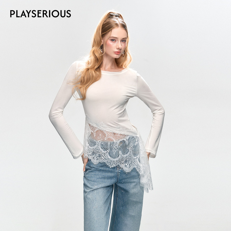 [Same Style as Xu Yiyang] Rocaromma 2026 Early Autumn New Style Hem with Diagonal Lace Splicing Top for Women