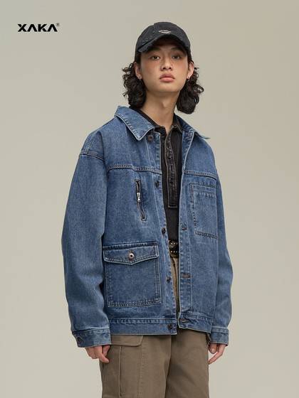 XAKA美式复古水洗做旧牛仔夹克男2025新款高级感多口袋情侣外套潮