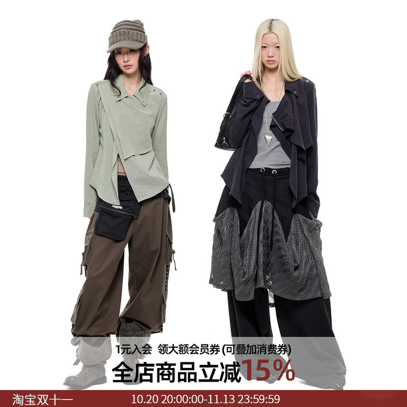 Jikoo【Rustic Elegance】Korean-Style Niche Design Patchwork Autumn Shirt for Women with a Turn-Down Collar and Irregular Hem