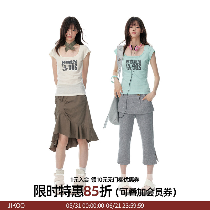 Jikoo【Smoothie】Original Korean-Style Mint Green Regular Shoulder Short-Sleeve Women's Pink Top Summer Slimming Printed T-Shirt