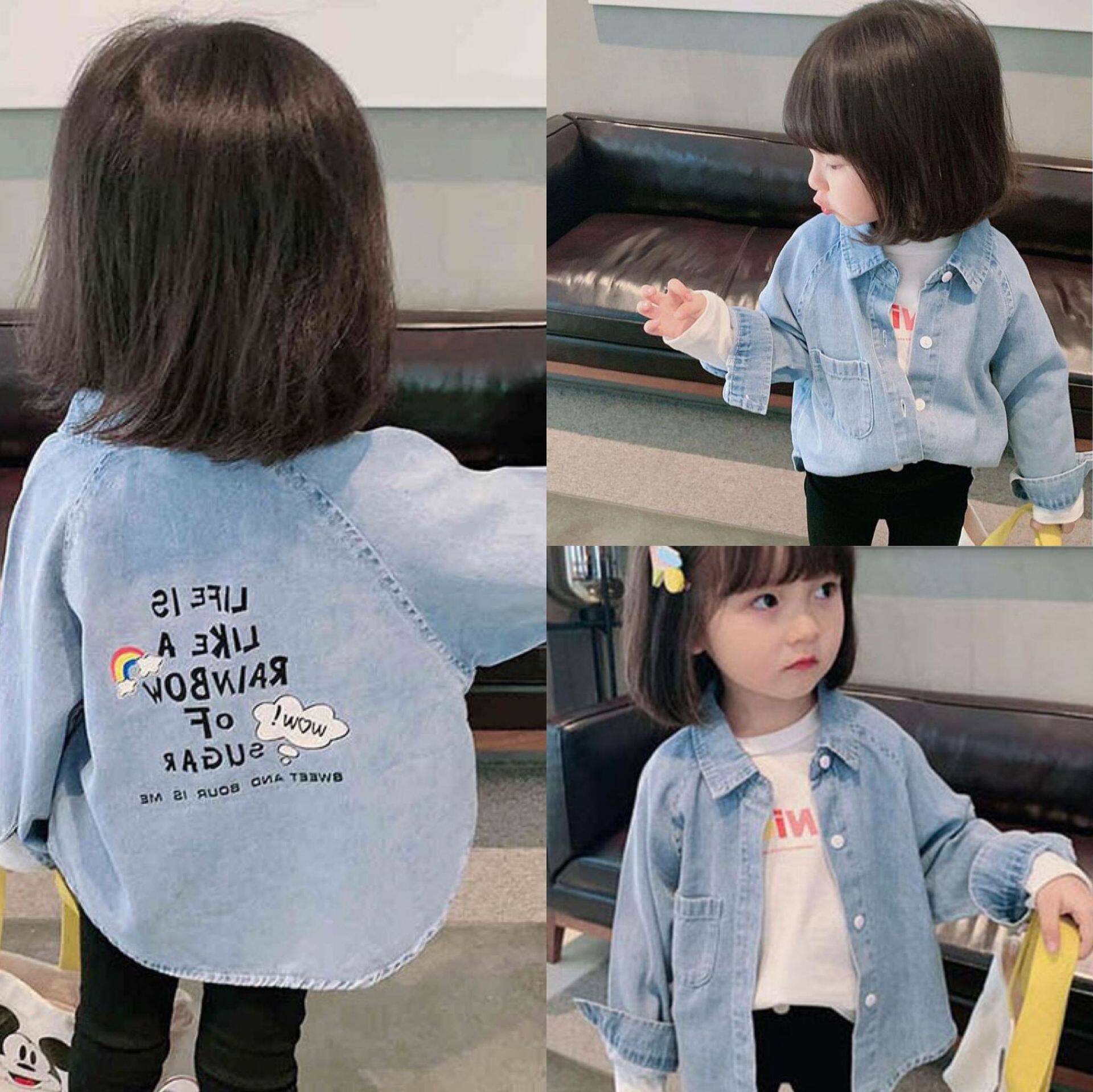 2022 new children's denim shirt boy spring clothing baby long sleeve shirt girl blouses small and medium children dress outside