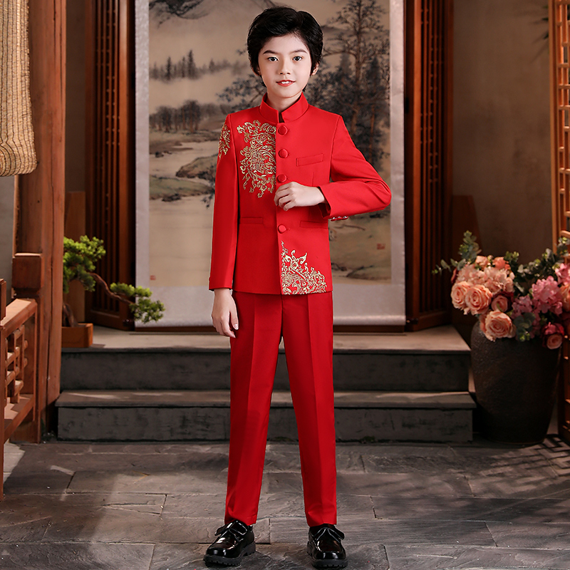 Red Children's Tunic Dress Boys Suit Suit Embroidery Chinese Style Chinese Style Host Performance Costume Summer