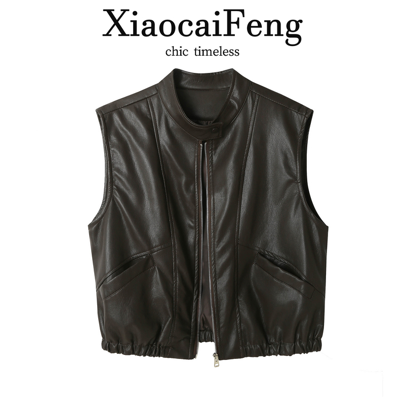 American-Style High-End Stand-Collar Leather Vest Jacket for Women, Spring and Autumn Design, Sleeveless Outerwear, Short Vest Coat