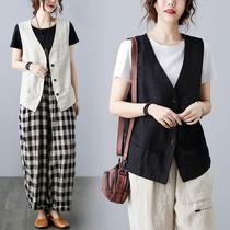 Spring and Autumn Retro Linen Vest Womens Loose and Versatile Sleeveless Casual Slim Vest Solid Color Waistcoat Cotton and Linen Short Jacket